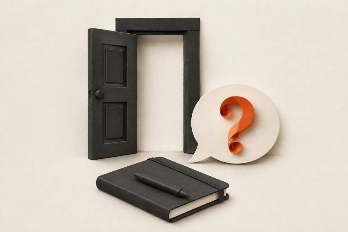 A speech bubble with an orange question mark beside an open door and notebook.