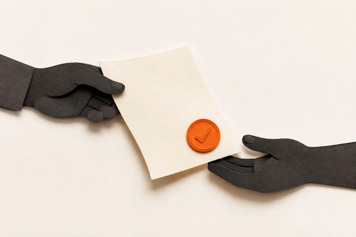 Two paper-cut hands pass a proposal with an orange approval seal.