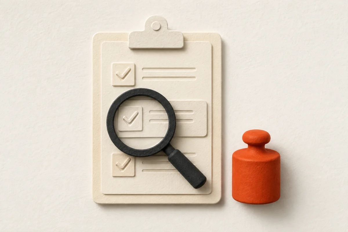 A magnifying glass checks a clipboard beside an orange calibration weight.
