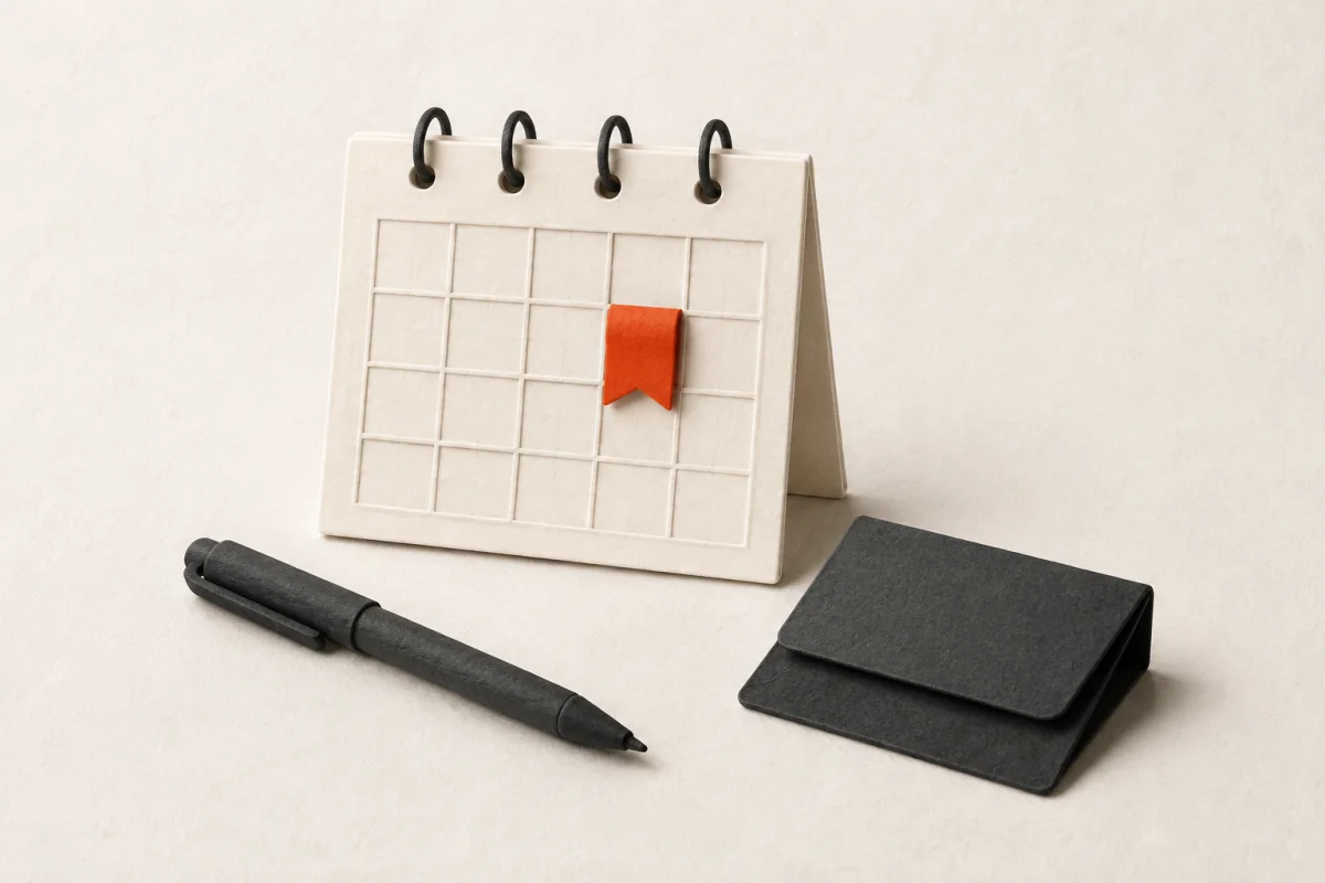 A blank desk calendar marked with an orange tab beside a pen and folded note.