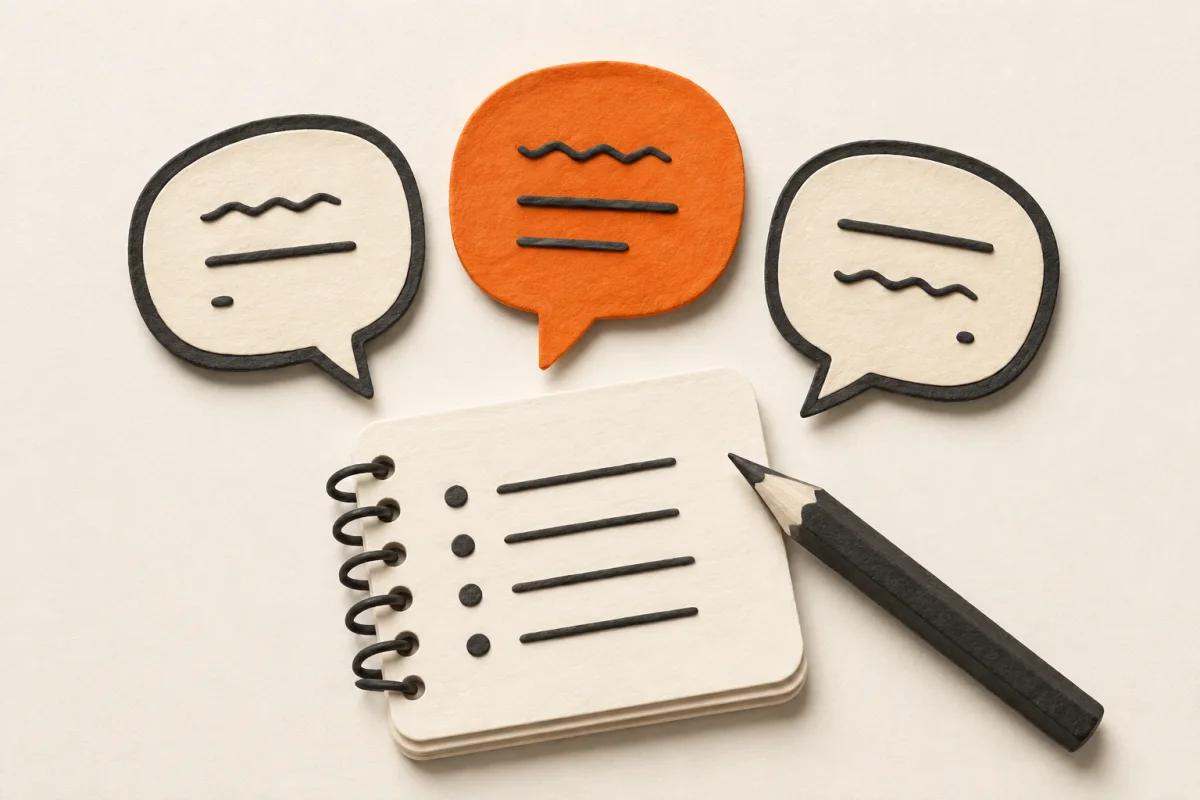 Orange and charcoal speech bubbles gather above a notebook and pencil.