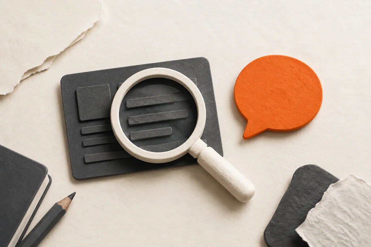 A magnifying glass examines a business notice beside an orange speech bubble.