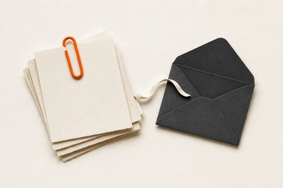 An orange paperclip holds proposal sheets beside an open charcoal envelope.
