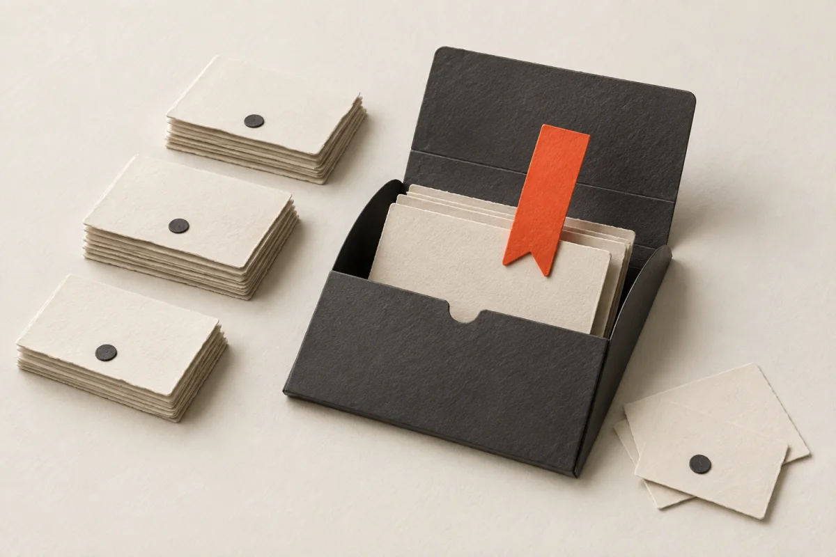 An orange bookmark selects a correspondence card from a charcoal archive folder.
