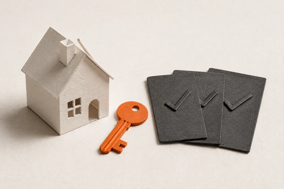 An orange key lies beside a paper house and three requirement cards.