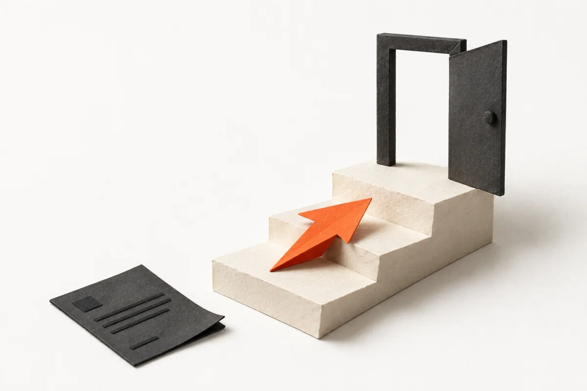 An orange paper arrow climbs a short staircase toward an open doorway.