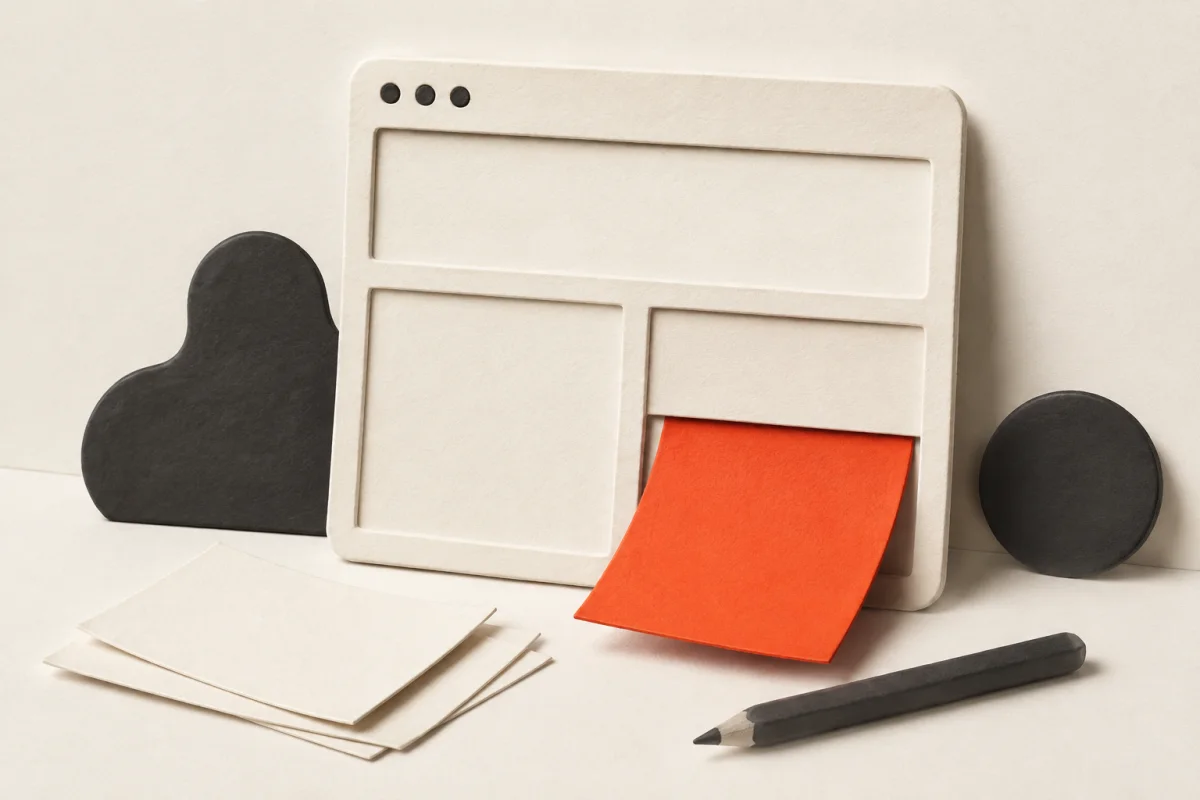 An orange content sheet sits inside an unfinished paper website frame.
